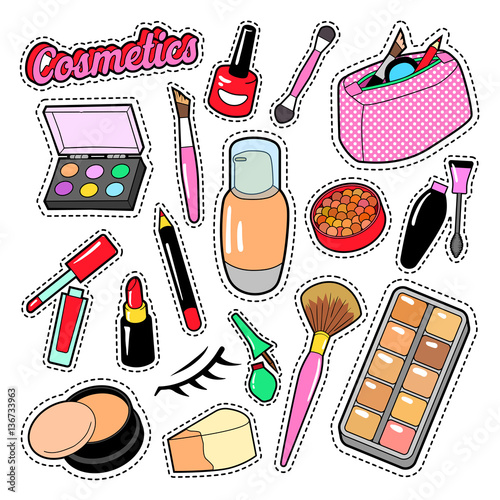 Cosmetics Beauty Fashion Makeup Elements with Lipstick and Mascara for Stickers, Badges, Patches. Vector doodle