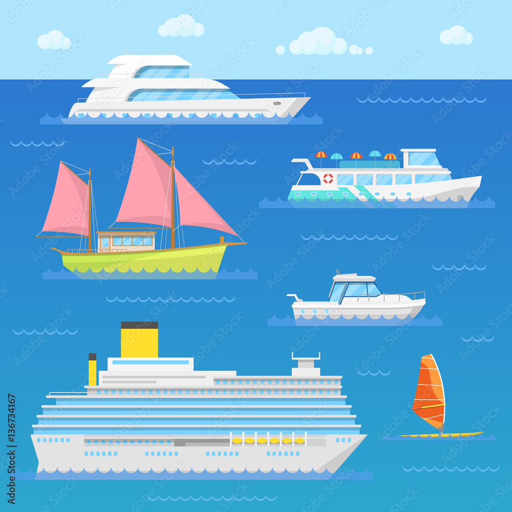 Water Transport with Ship, Liner, Boat and Windsurfer. Vector illustration