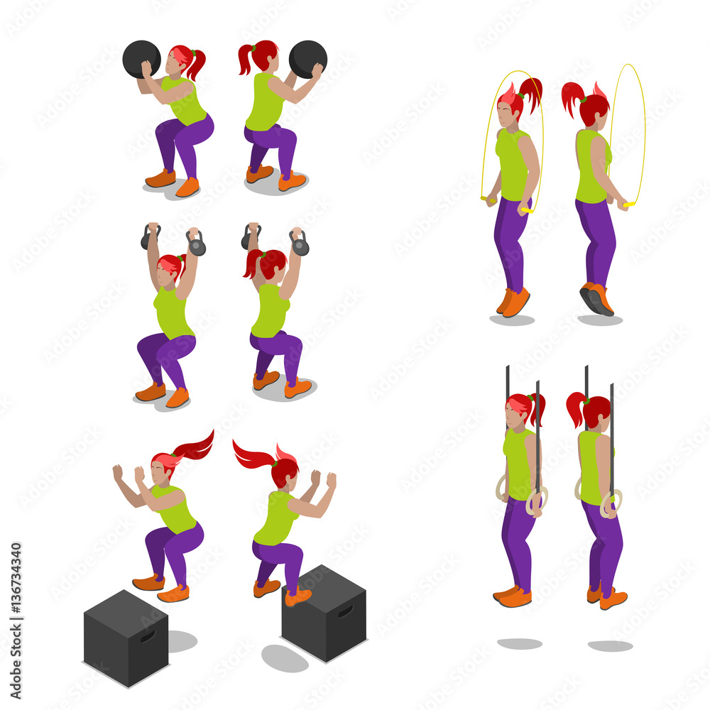 Isometric Women on Crossfit Gym Workout and Exercises. Vector 3d flat illustration