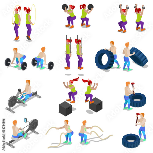 Isometric People on Crossfit Gym Workout and Exercises. Vector 3d flat illustration