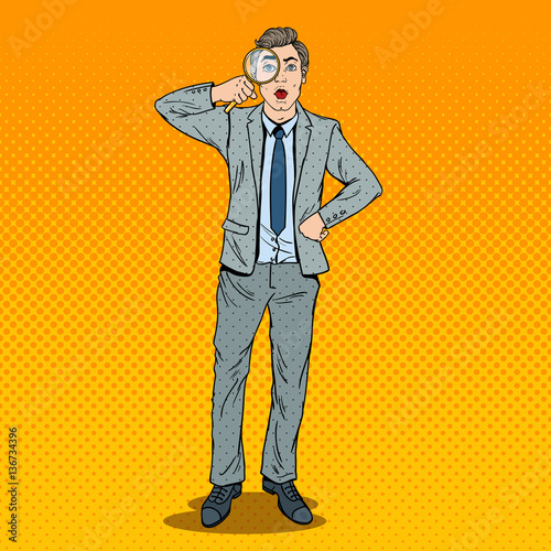 Pop Art Amazed Businessman with Magnifier. Vector illustration