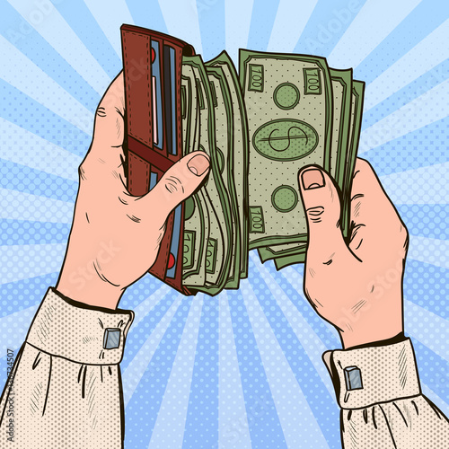Pop Art Businessman Hands Holding Wallet with Money. Vector illustration
