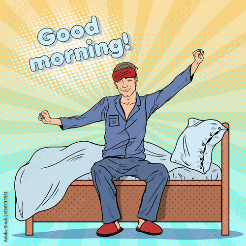 Pop Art Happy Man Stretching on Bed after Waking Up. Vector illustration