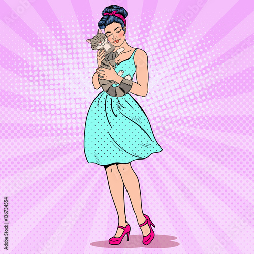 Pop Art Young Beautiful Woman Embracing Cat. Vector illustration