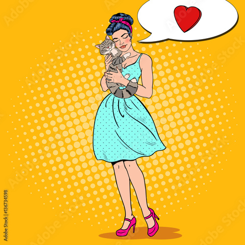 Pop Art Young Beautiful Woman Embracing Cat. Vector illustration