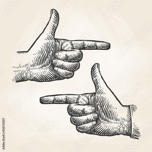 Vintage pointing hand drawing. Forefinger, index finger sketch. Vector illustration