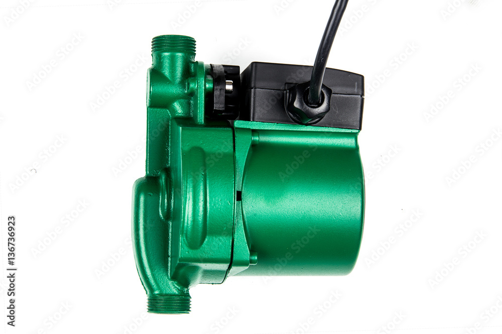 Fototapeta premium Green pump for pressure boosting isolated on white background