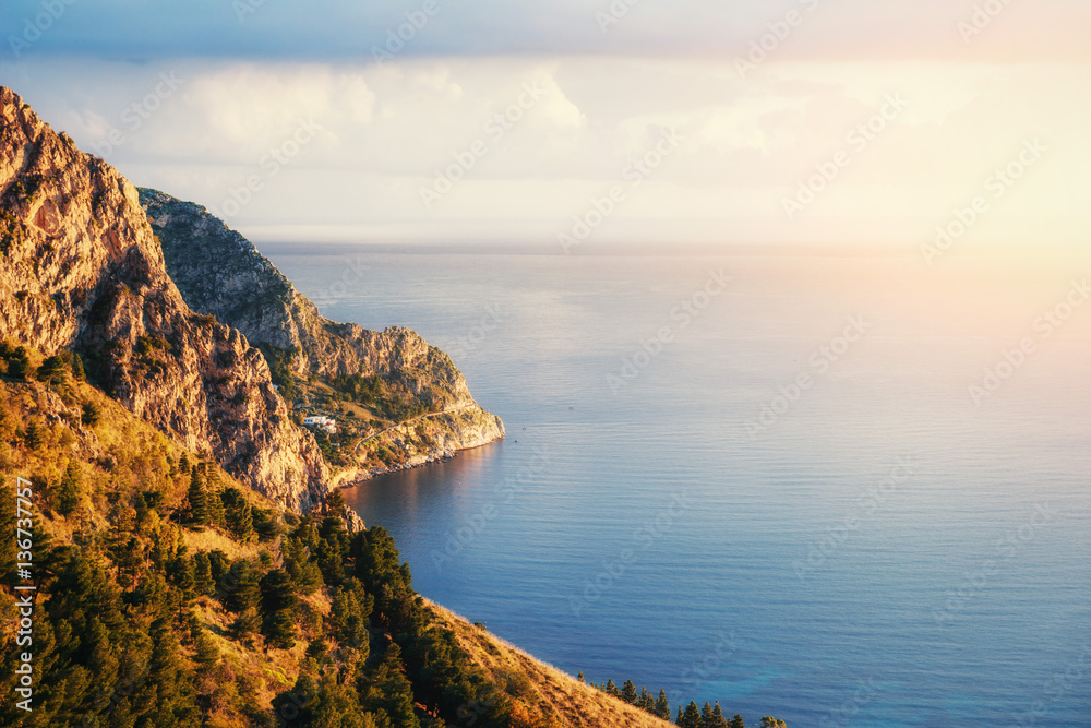 Spring panorama of sea coast city Trapany Sicily Italy Europe