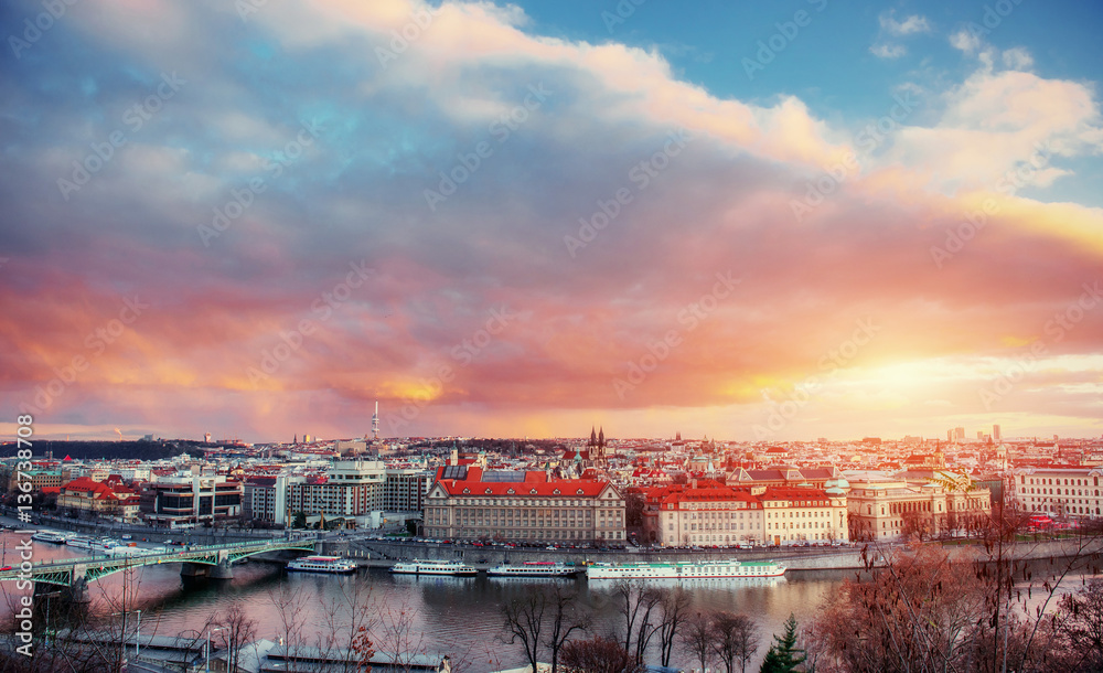 Beautiful Panoramic View of Prague Bridges on River Vltava
