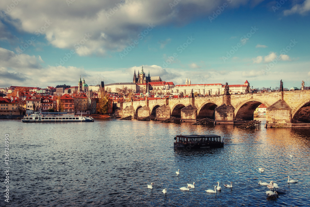 view of the Charles Bridge which crosses the River Vltava