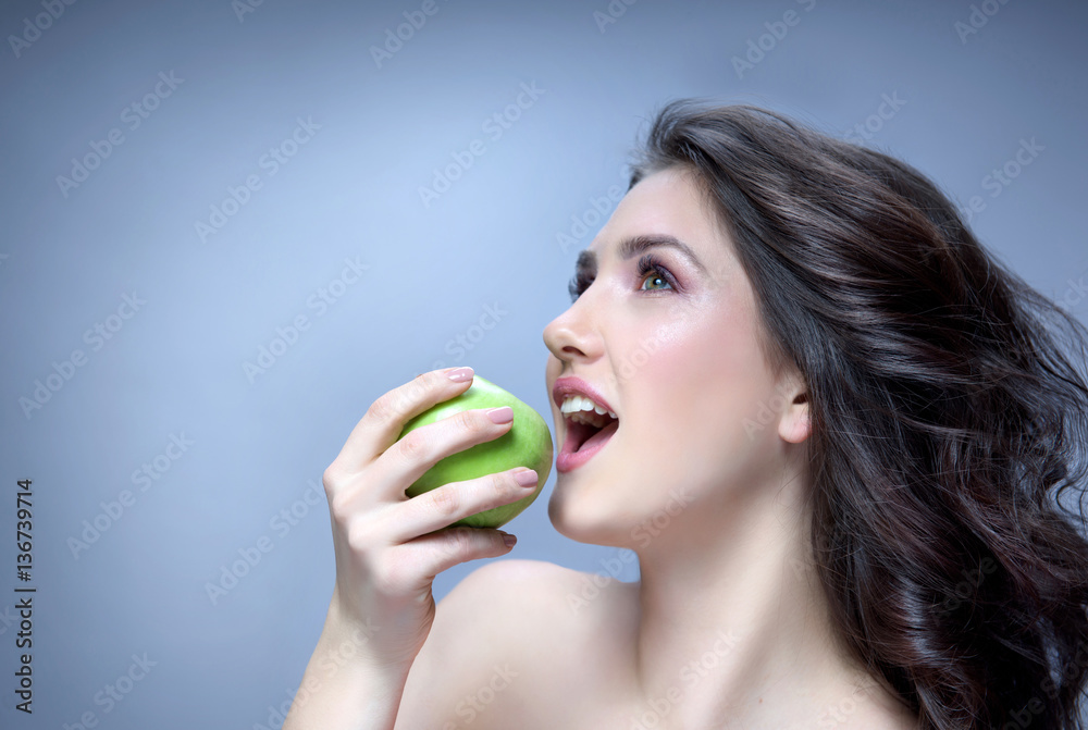 beautiful woman eating green apple beautiful woman eating green apple