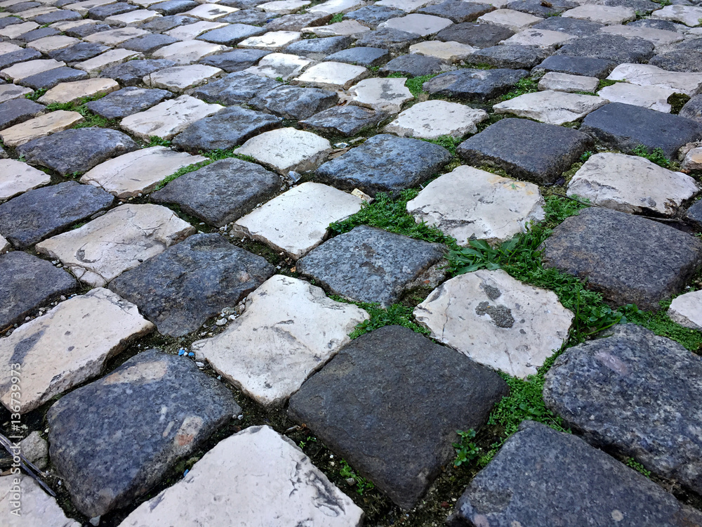 Fototapeta premium Black and white checkered cobblestone ground with green weeds growing in between. With space for text.