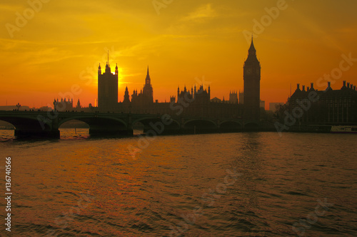 The River Thames and Houses of Parliment at westminster winter sunset UK