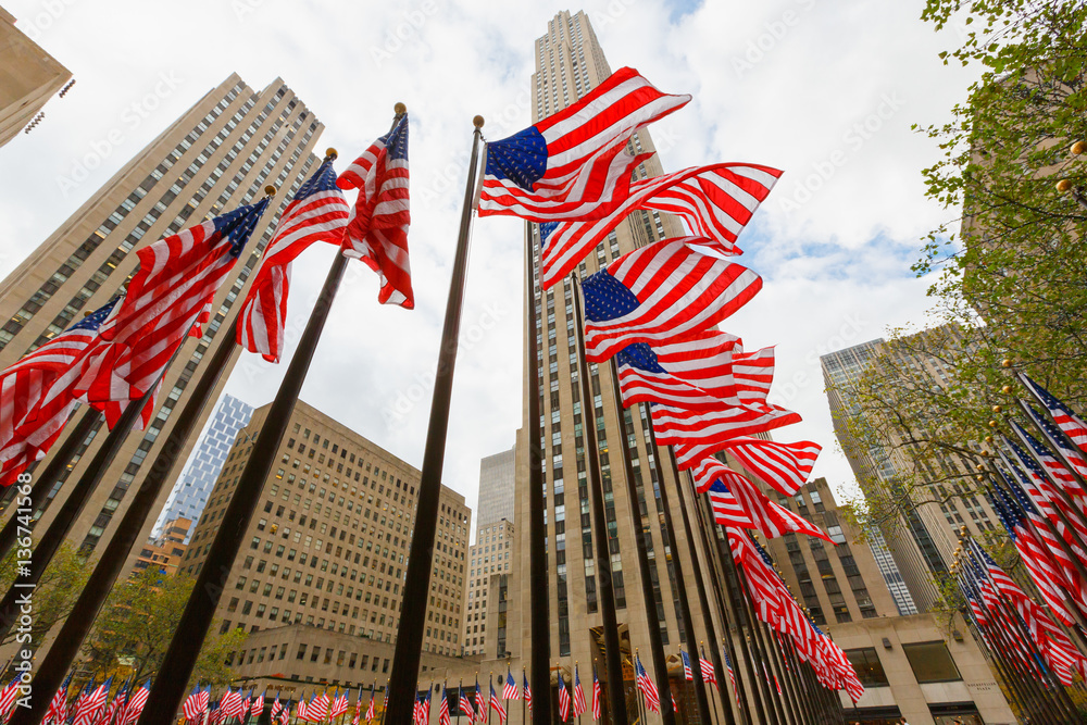 US national flags skyscrapers