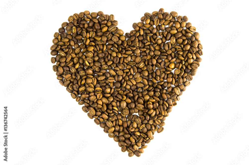 Coffee beans shot from above in a shape of heart