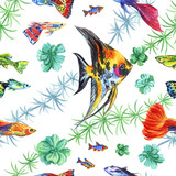 Seamless pattern with watercolor aquarium fish and plants.