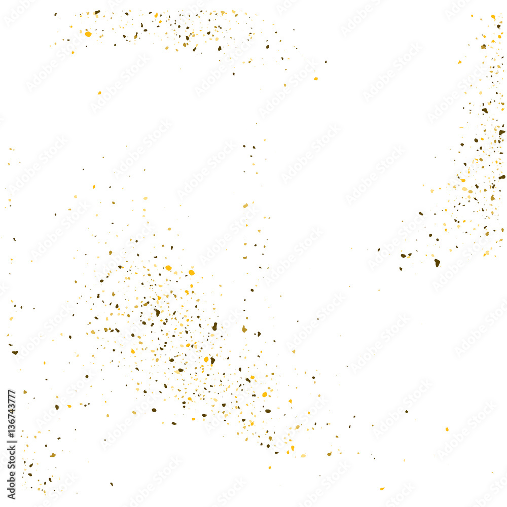 Golden glitter shine texture on a white background. Golden explosion of Confetti. Golden abstract particles on a light background. Isolated Holiday Design elements. Vector illustration.