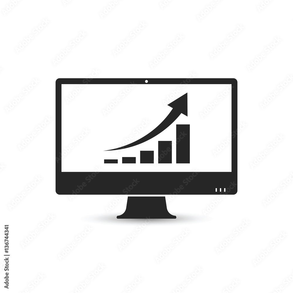 Computer monitor with business growing chart on screen icon. Vector.