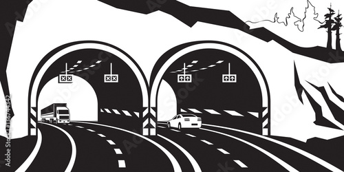 Highway tunnel in the mountains - vector illustration