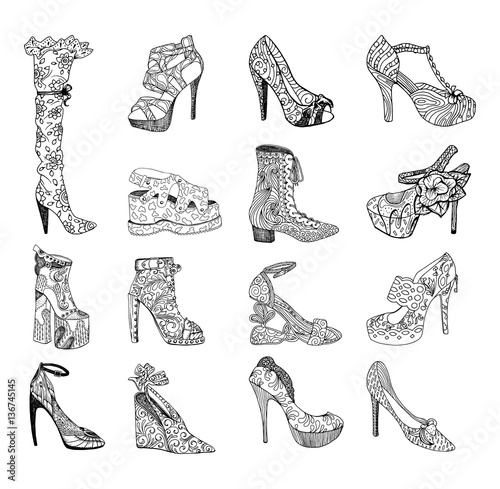 High-heeled shoes set for woman. Fashion footwear artwork in blackblack style pattern fill. Isolated clipart for coloring book pages design