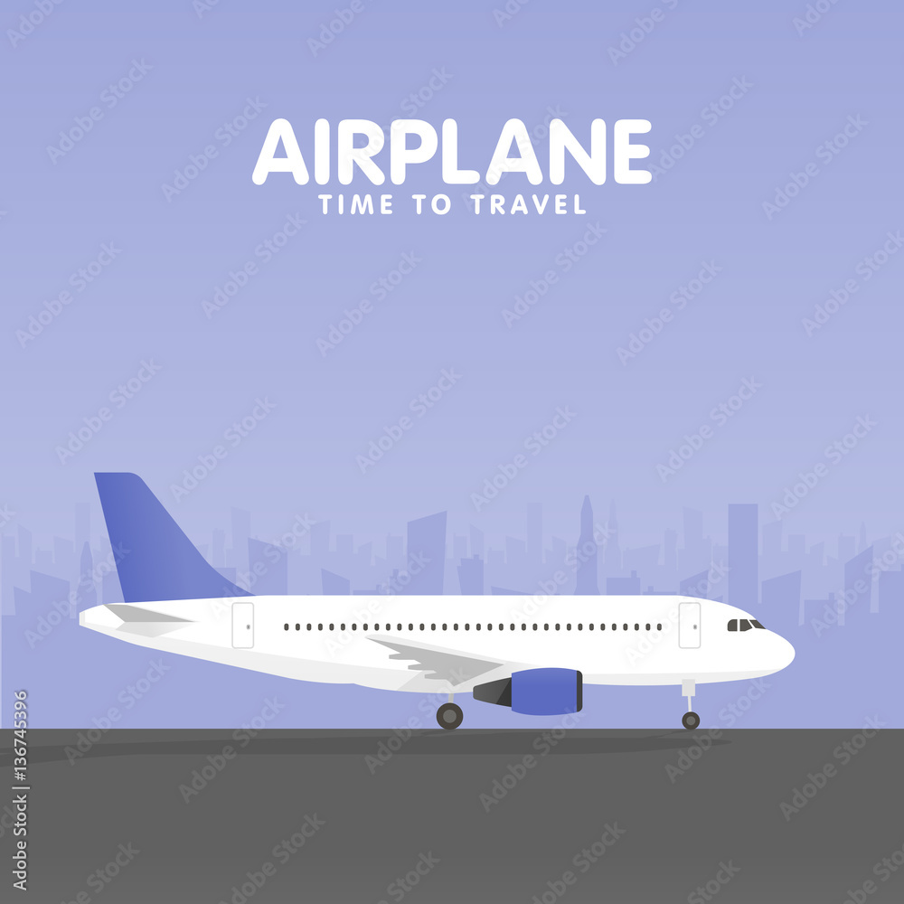 Airplane in the sky. Urban city silhouette background. Vector illustration