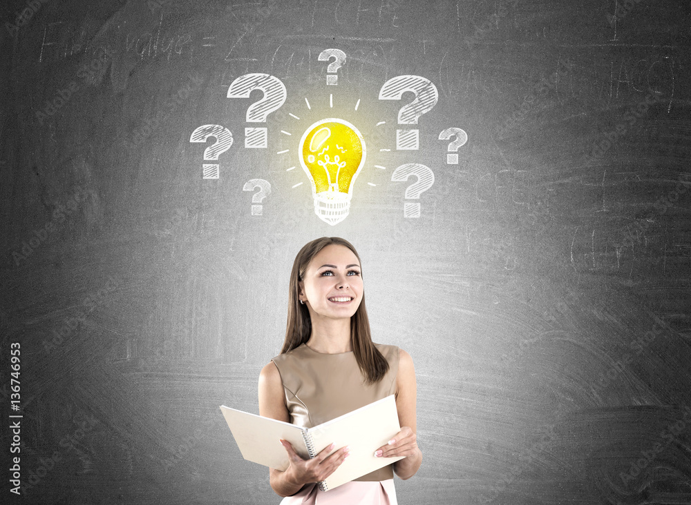 Woman in beige, light bulb, questions, blackboard Woman in beige, light bulb, questions, blackboard