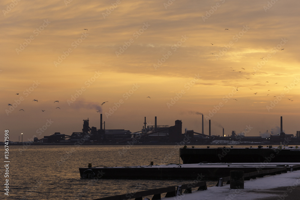 Sunrise over docks and heavy industry port, birds