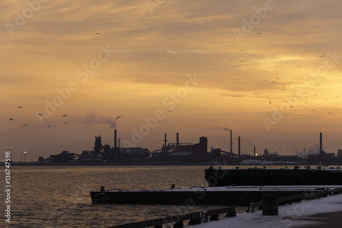 Sunrise over docks and heavy industry port, birds © Rachel Lerch