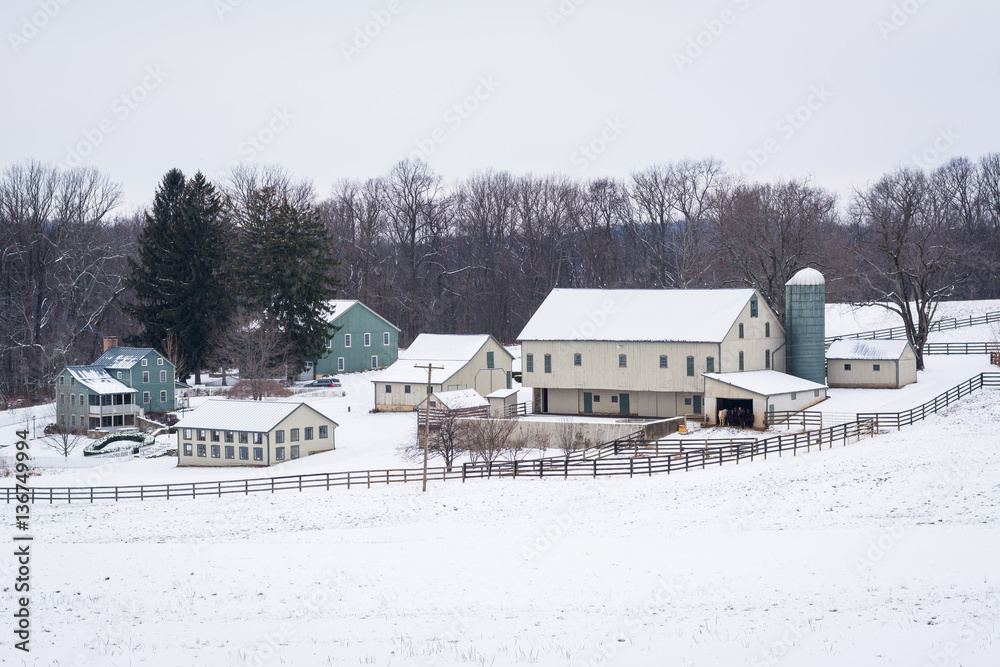View of a snow covered farm near New Freedom, Pennsylvania.