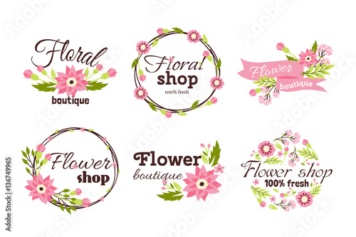Floral shop badge decorative frame template vector illustration.