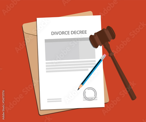 divorce decree agreement concept illustration with paperworks, pen and a judge hammer