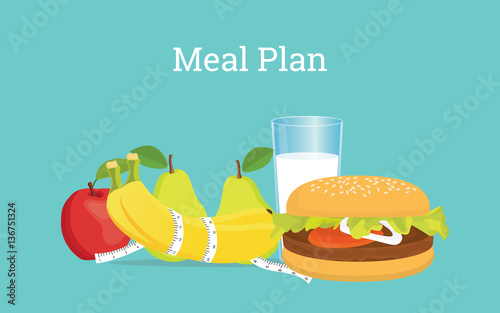 meal plan illustration with milk, fruits and burger on a table