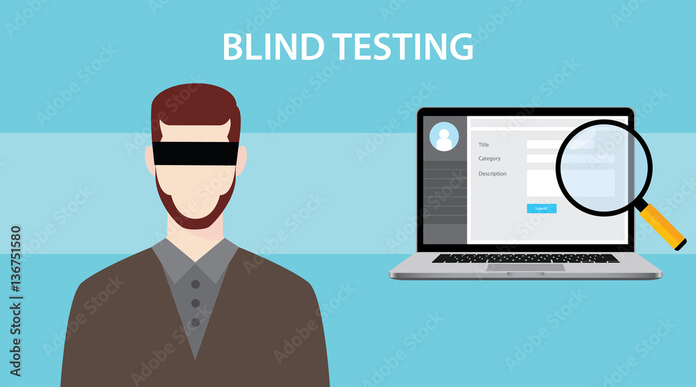 blind test testing illustration with a notebook , magnifying glass and man using eye cover