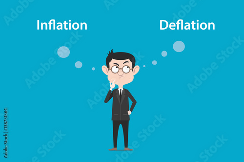 thinking about the difference of inflation vs deflation illustration with a white bubble text