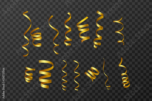Gold Curling Stream. Set realistic serpentine for design. Transparent Background. Vector Illustration