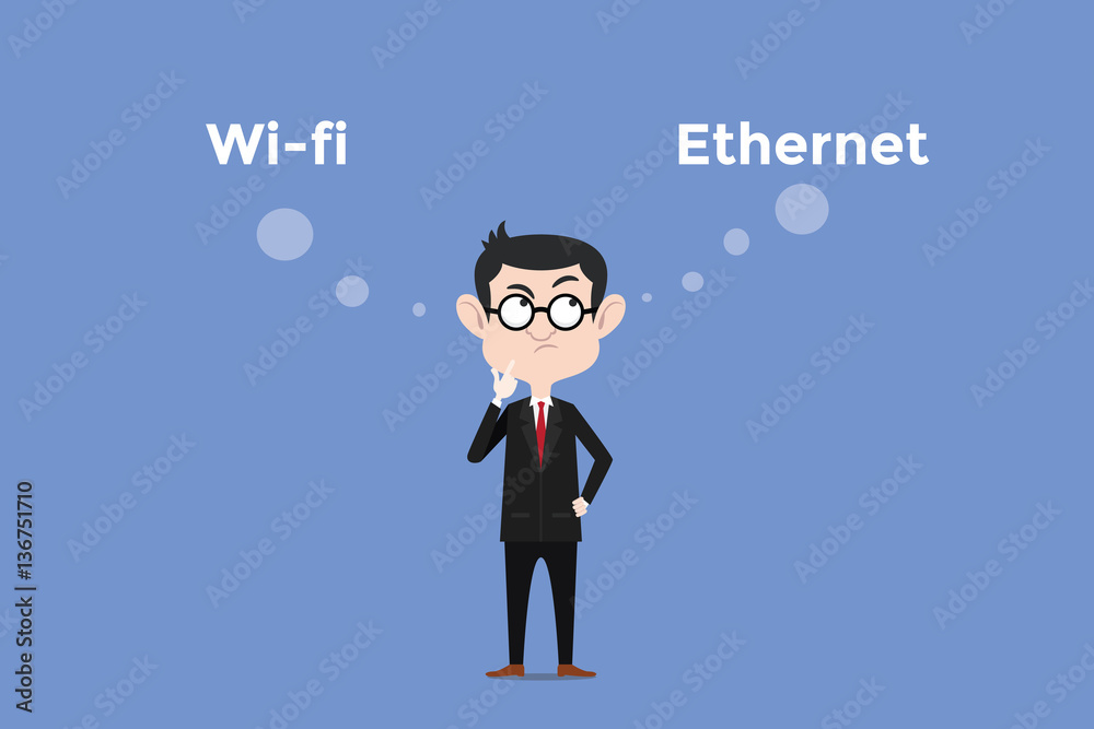 confuse to choose whether using wifi vs ethernet for internet connection in the office illustration with white bubble text
