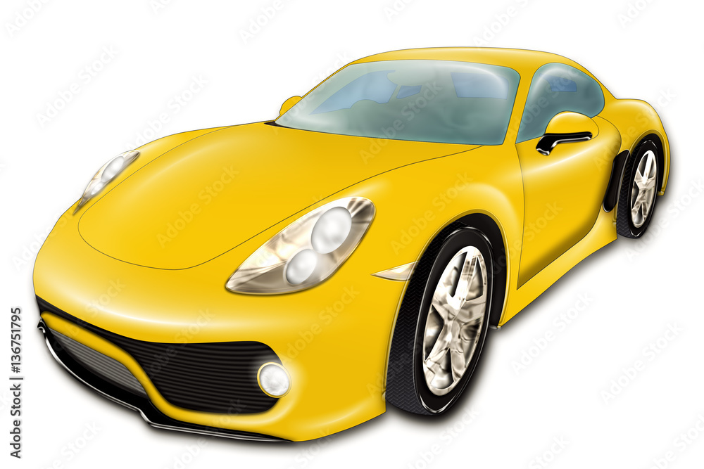 A digital drawing of a yellow modern sport car, isolated on white background
