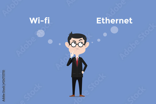 confuse to choose whether using wifi vs ethernet for internet connection in the office illustration with white bubble text
