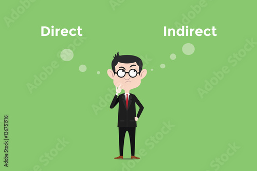 confuse to decide for using direct or indirect method illustration with white bubble text and a man use eyeglasses photo