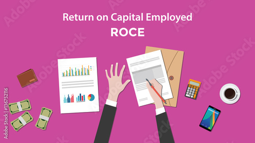 illustration of counting return on capital employed ROCE with paperworks, calculator and money on top of table photo