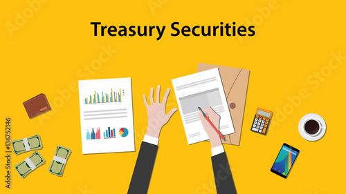 illustration of counting treasury securities with paperworks, calculator and money on top of table and yellow background photo