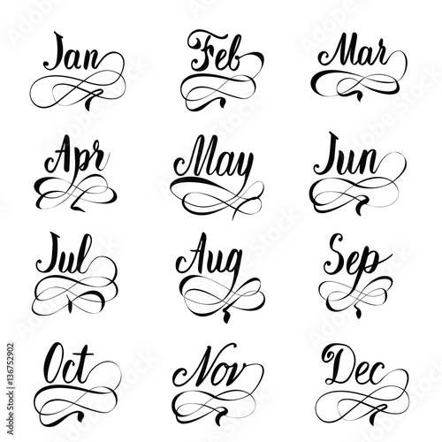 Handcrafted unique months written in calligraphy with swashes for handmade calendars and diaries