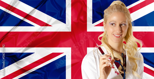 UK Health Care concept with English Flag and woman doctor
