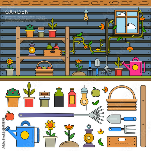 Garden equipment line flat illustration