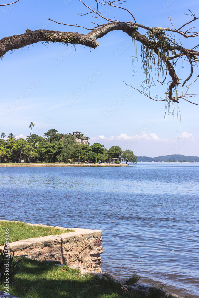 Brazil, State of Rio de Janeiro, Paqueta Island, View of the island park and the bay