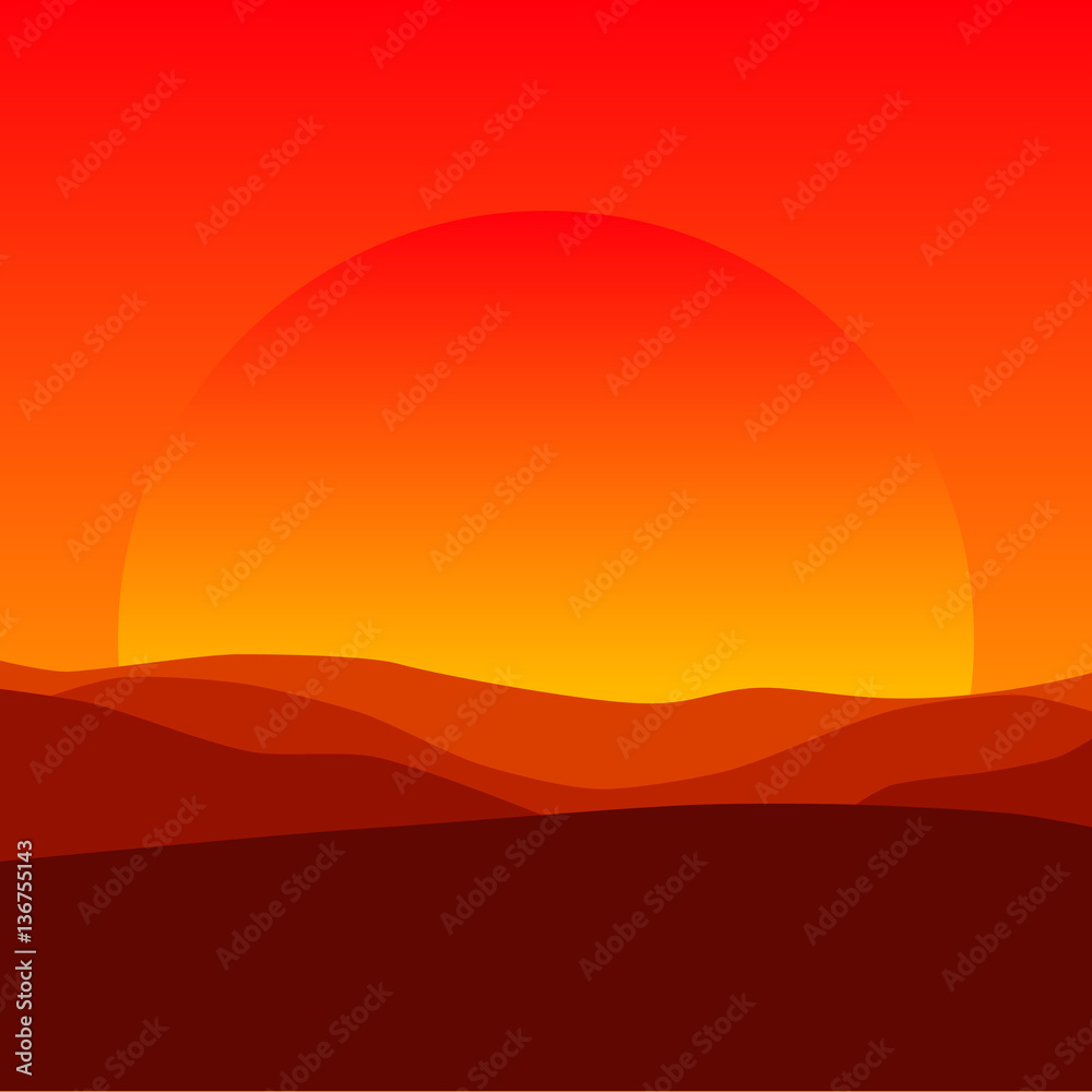 Sunset in the hills. Vector illustration.