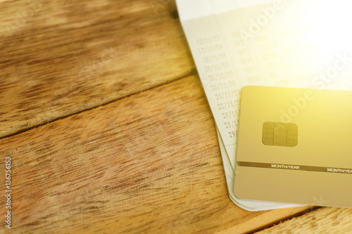 Passbooks bank and credit cards on wood.concept of financial and