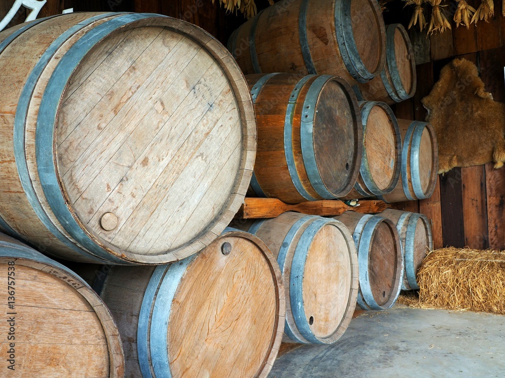 Stacked of wine barrels