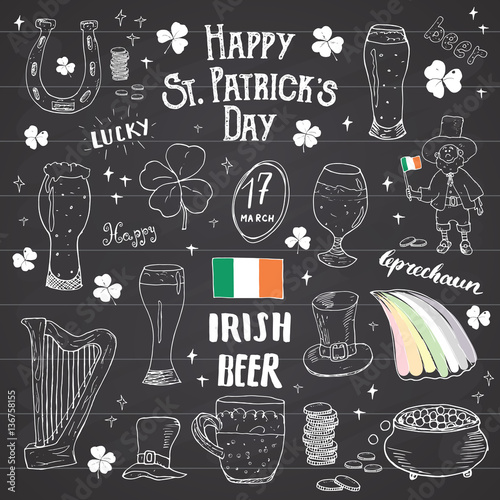 St Patricks Day hand drawn doodle set, with leprechaun, pot of gold coins, rainbow, beer, four leaf clover, horseshoe, celtic harp and flag of Ireland vector illustration on chalkboard background