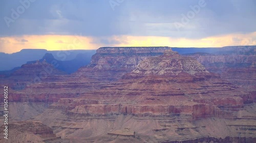 Storm and dark clouds at The Grand Canyon. The Colorado River carved the Grand Canyon and it is the result of constant erosion by the Colorado River over millions of years.